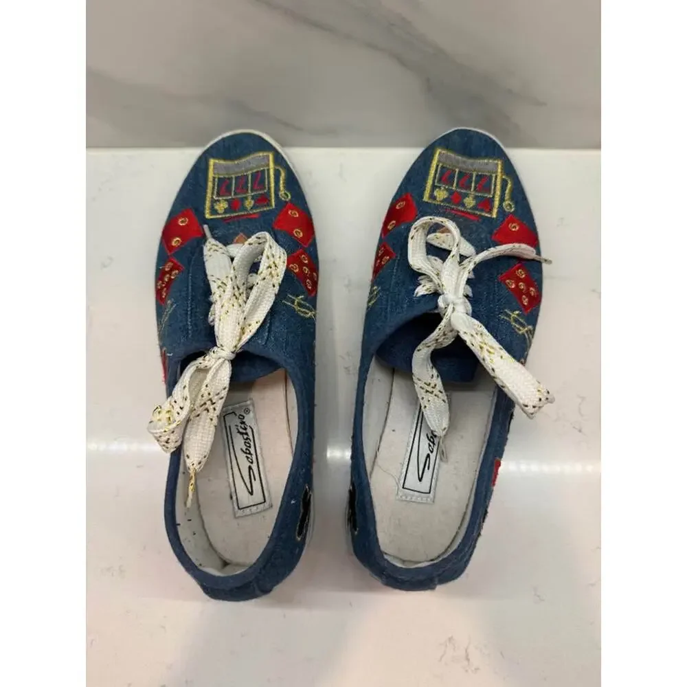 Vintage 90’s Sebastino Size 9.5 Casino Theme Embroidered Denim Sneakers Flats